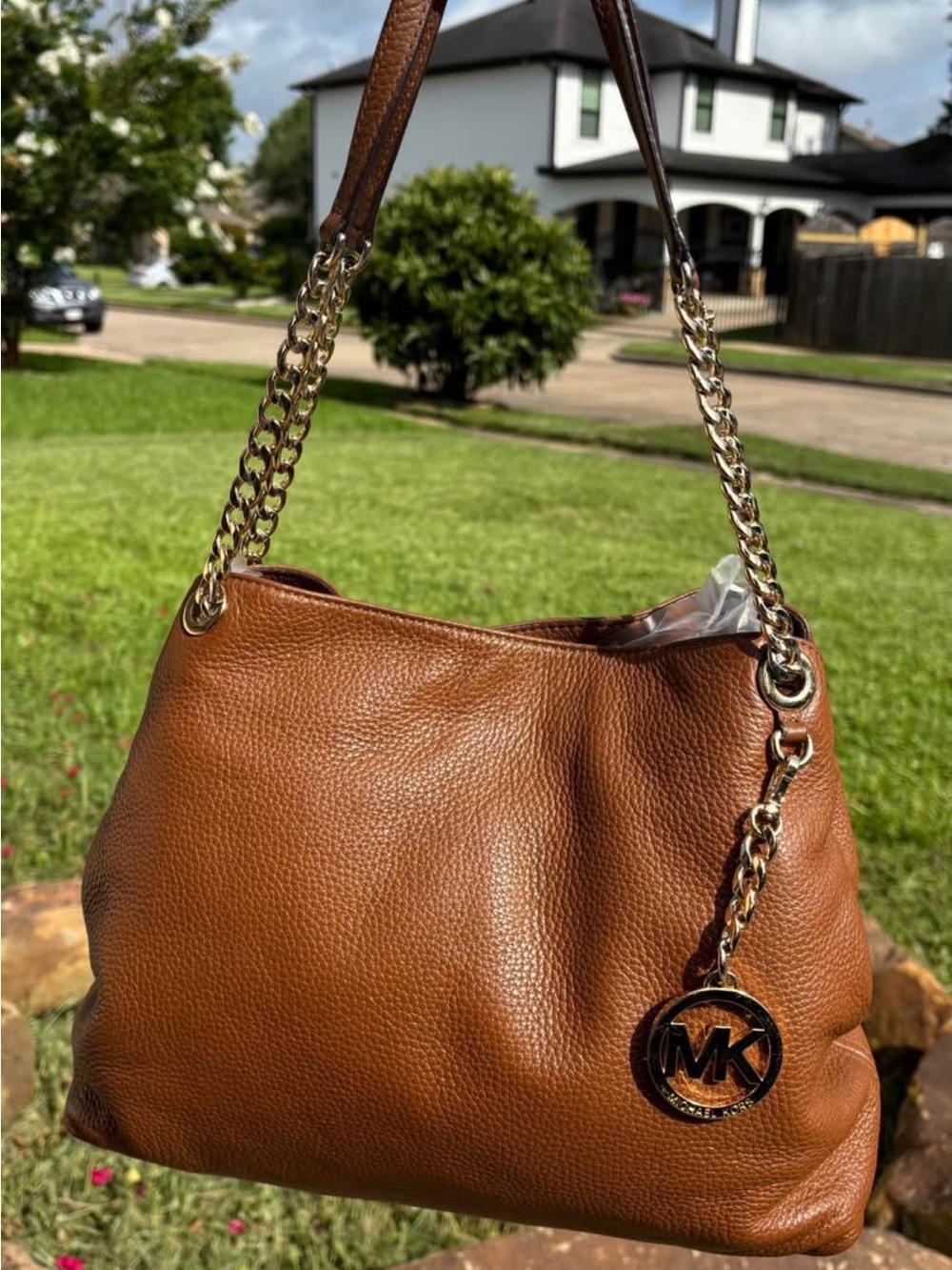 Michael Kors Cognac Pebbled Leather Shoulder Bag with Gold Chain Accents